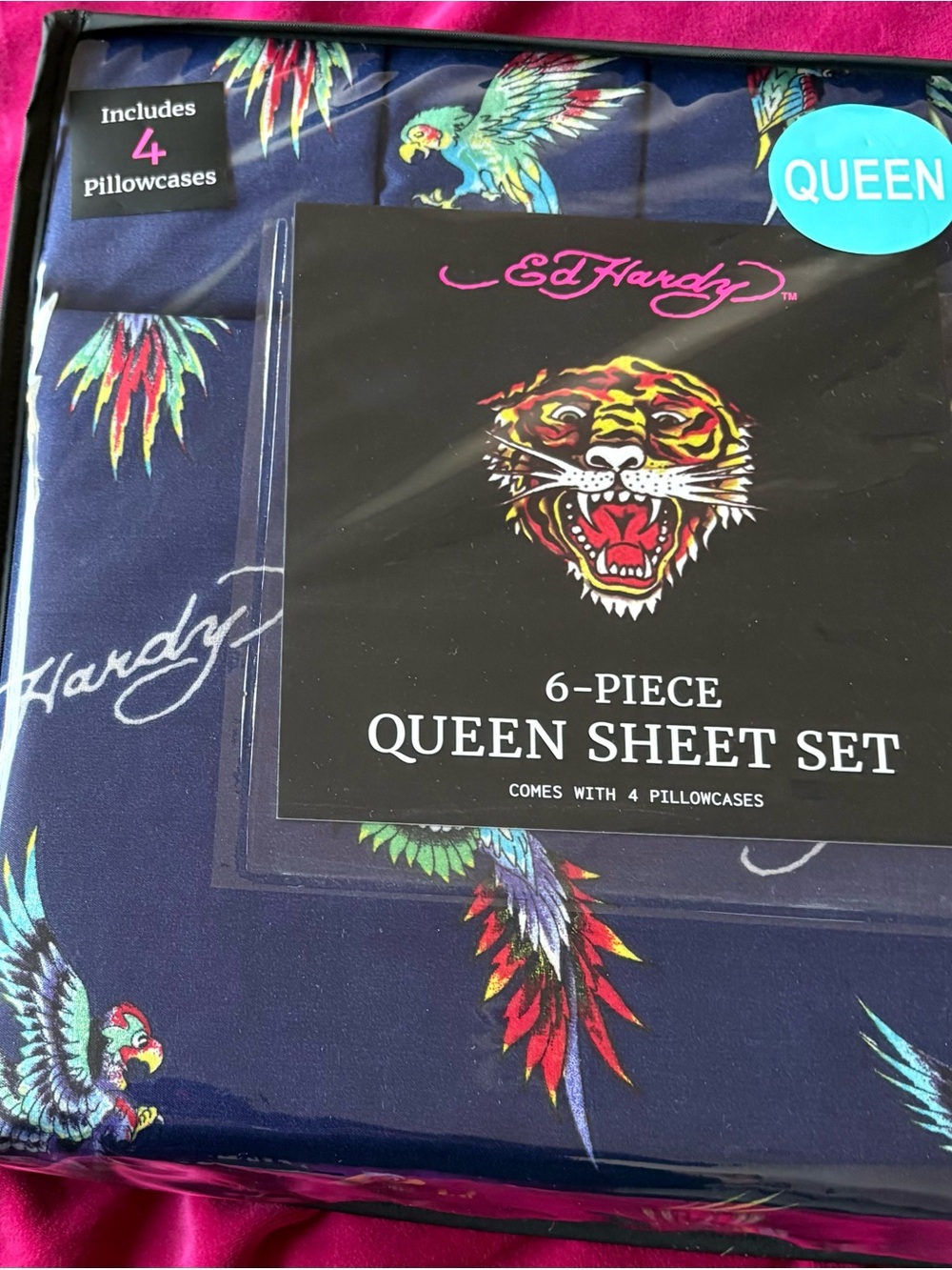Ed Hardy Queen Sheet Set - Navy Blue with Multicolor Tiger & Parrot Print